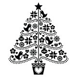 Christmas tree design - folk style with birds, flowers and snowflakes