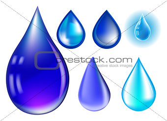 Blue realistic vector water drop set isolated on white background