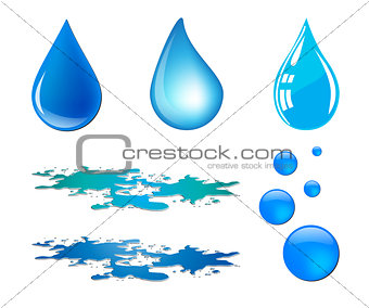Blue vector waterdrop and puddle set isolated on white background