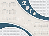 Calendar template with photo container for 2016