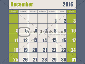 Blue green colored 2016 december calendar