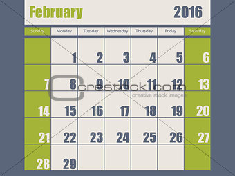Blue green colored 2016 february calendar