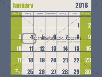 Blue green colored 2016 january calendar