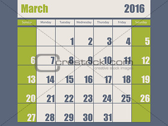 Blue green colored 2016 march calendar