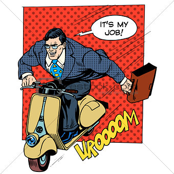 Businessman rushing to work on the scooter