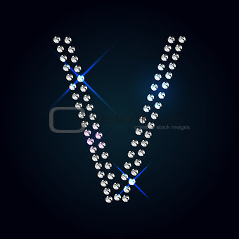 Gems V letter. Shiny diamond font.