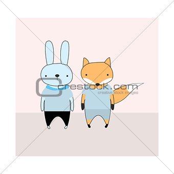 Rabbit and fox cartoon cute vector illustration