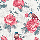 Botanical floral seamless pattern with roses and birds