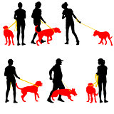 Silhouettes of people and dogs. Vector illustration.