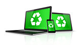 Laptop tablet PC and smartphone with a recycling symbol on scree
