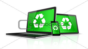 Laptop tablet PC and smartphone with a recycling symbol on scree