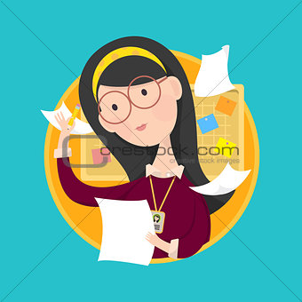Woman working with paper in hand.