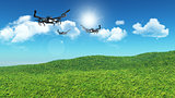 3D drones flying in a grassy landscape