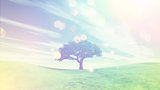 3D landscape with tree on green grass hills with retro effect