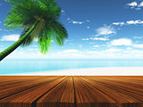 3D wooden deck with tropical beach in background