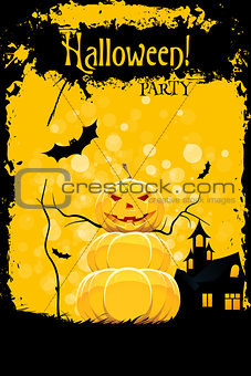 Grungy Halloween Party Card with Pumpkin and Haunted House