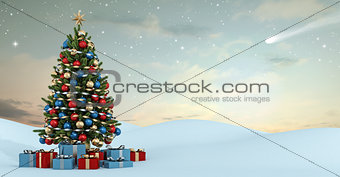 Winter landscape with colorful christmas tree
