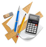 Tools set for education, pencil, pen, calculator, rulers and rubber
