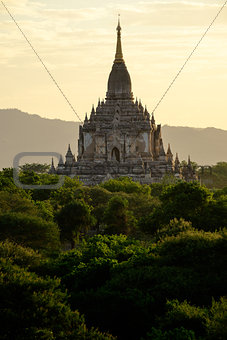 Scenic view of ancient Bagan temple during golden hour, Myanmar