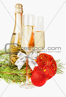 Champagne with two glasses and new year composition 