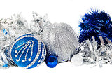 Christmas blue tinsel and blue with  silver glitter balls
