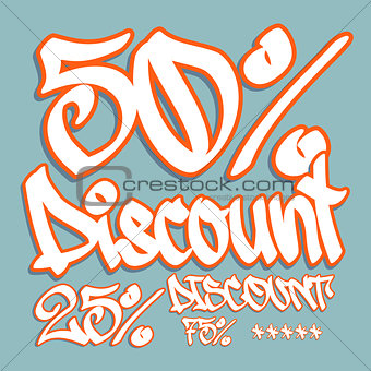 Fifty percent discount tag in graffiti style.