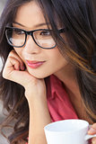 Asian Chinese Woman Girl in Glasses Drinking Coffee