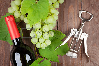 Bunch of grapes, red wine and corkscew