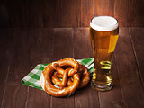 Lager beer glass and pretzel