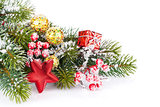 Christmas fir tree branch with holly berry and decor