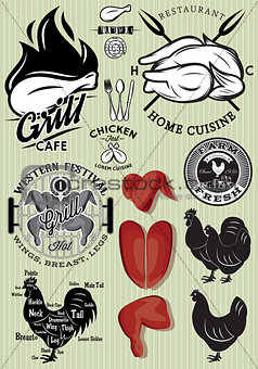 set of templates on the theme of chicken for design
