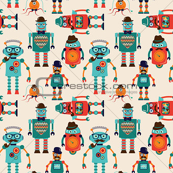 Seamless Pattern Background with Cute Hipster Robots
