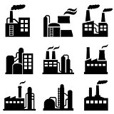 Industrial building, power plant and factory icons