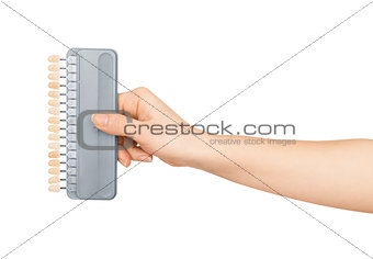hand holds the color palette for the teeth on an isolated white 