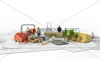 Construction materials with blueprint on the wtite background.