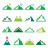 Mountains, nature vector green icons set