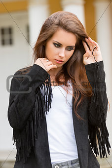 fashion girl with leather jacket 