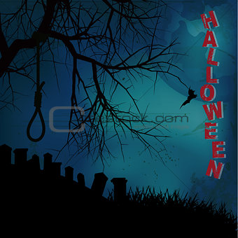 Hallooween background with hangman noose text and graveyard
