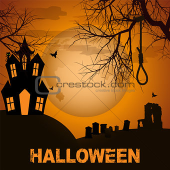 Halloween background with spooky house trees and graveyard