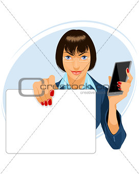 Businesswoman with smartphone and banner