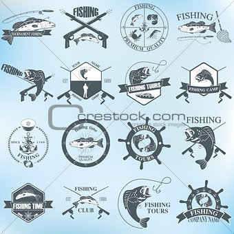 Set of vintage fishing labels, badges and design elements