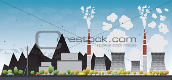 Coal power plant with black coal behind it
