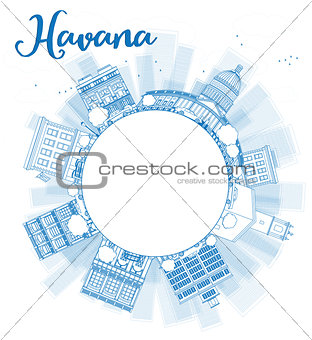 Outline Havana Skyline with blue Building and copy space