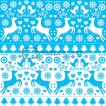 Winter, Christmas seamless blue pattern with reindeer - folk style