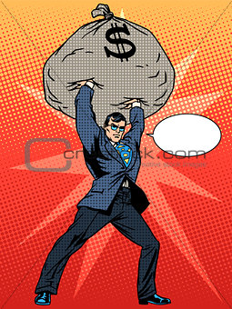 Super businessman hero with a bag of money financial success