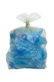 plastic bag with crushed blue plastic bottles cutout on white