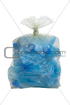 plastic bag with crushed blue plastic bottles cutout on white