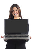 Business woman showing a blank laptop screen
