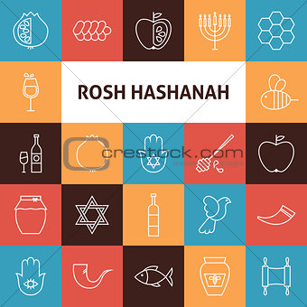 Line Art Rosh Hashanah Jewish New Year Holiday Icons Set