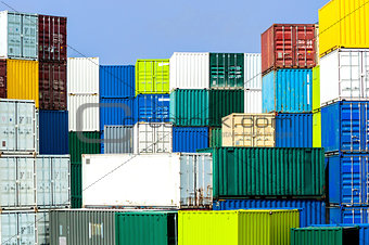 Shipping container stack in diverse, harmonious colors